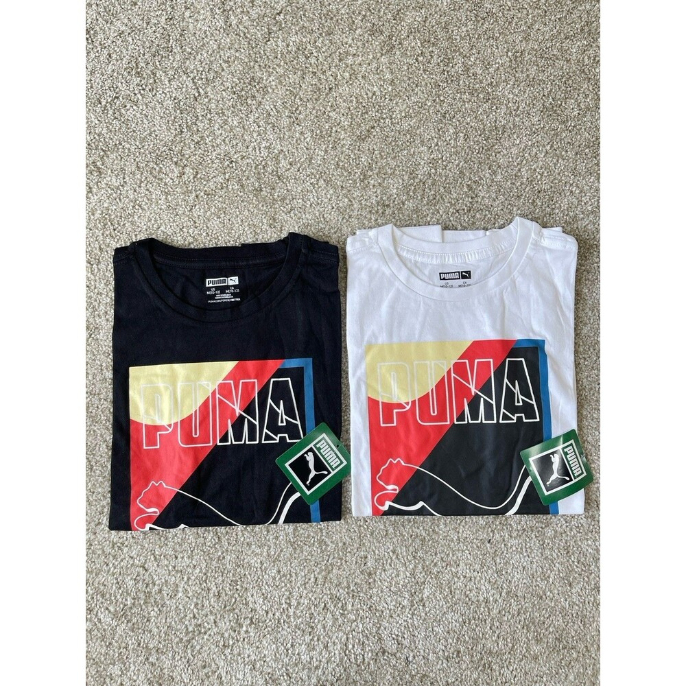 Puma Kids Youth Medium 10-12 Logo Graphic T-Shirt LOT of‎ 2 White / Black